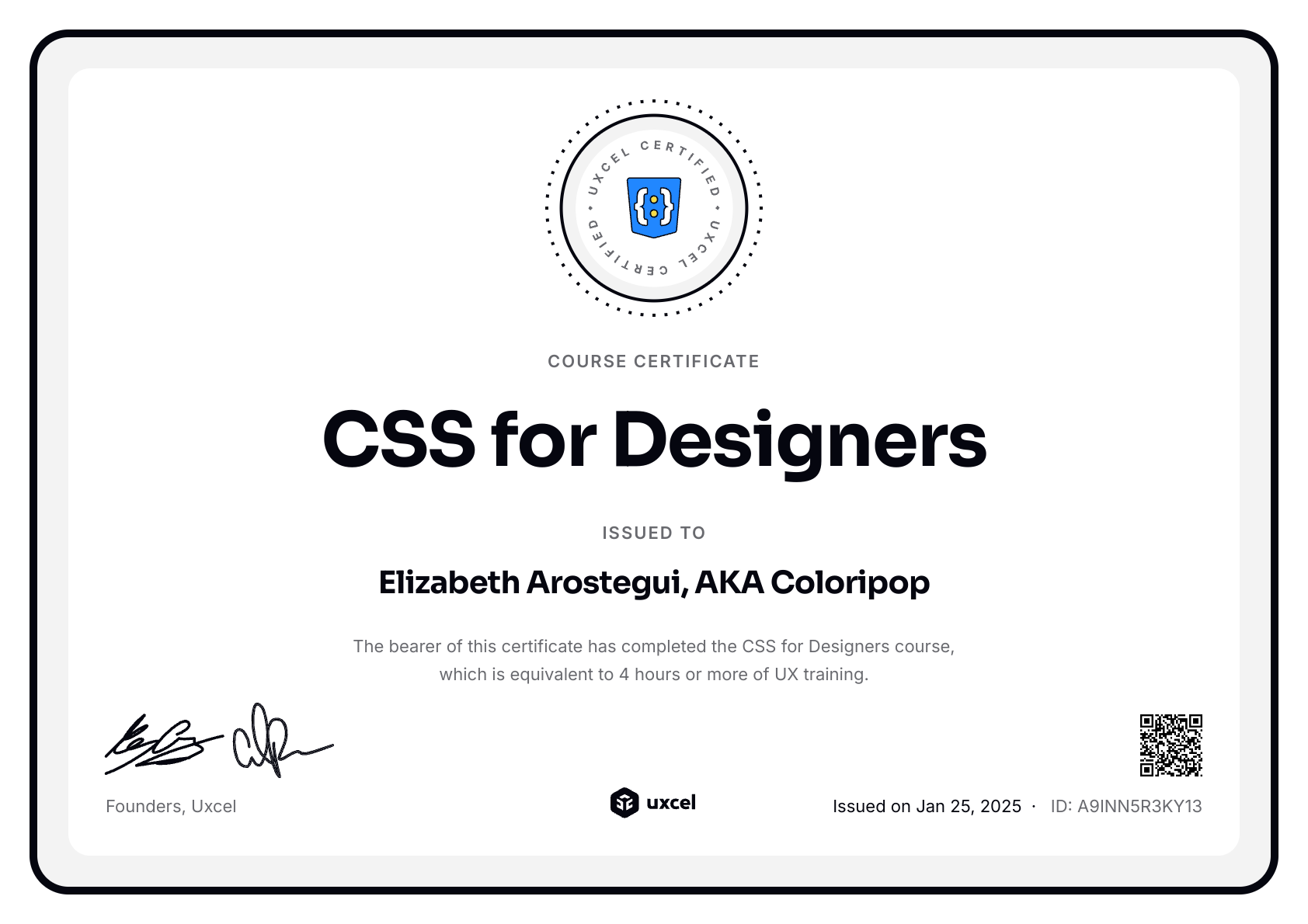 Elizabeth Arostegui, AKA Coloripop's certificate